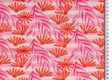 Baumwoll Jersey Streifen mit Blüten und Blättern in Rosa/Orange
